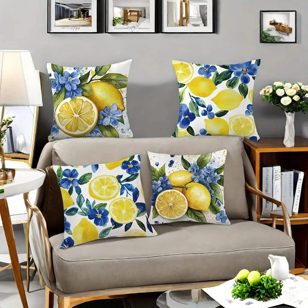 4pcs. Lemon Breeze Pillow Case Set with Watercolor Painted Lemons, Slices of Lemon, Blue Flowers & Green Leaves Without Pillow Core