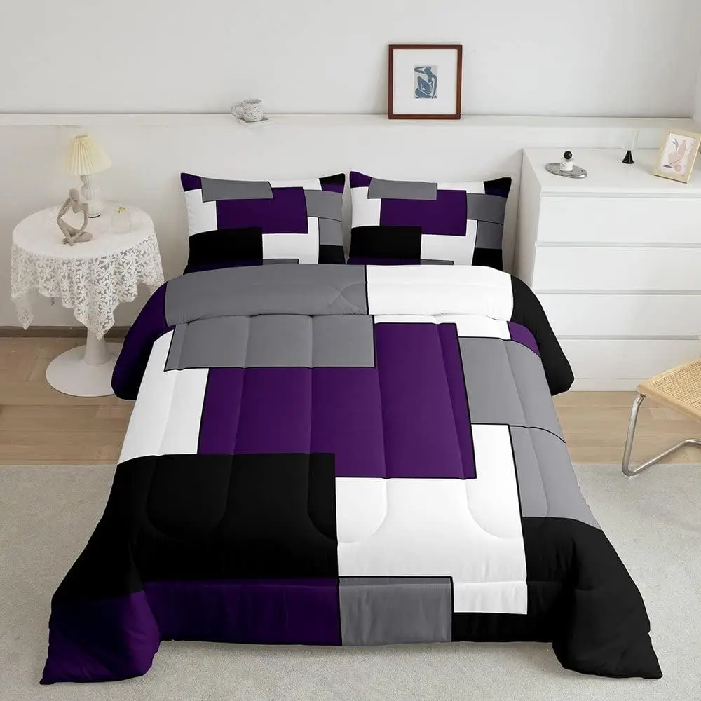 Feelyou Microfiber Decorative Bedding Set - Square Geometric Stripes Lines Comforter Set for Young Men, Modern Quilted Duvet in Grey, Purple, White, Black, Microfiber Bedding Set