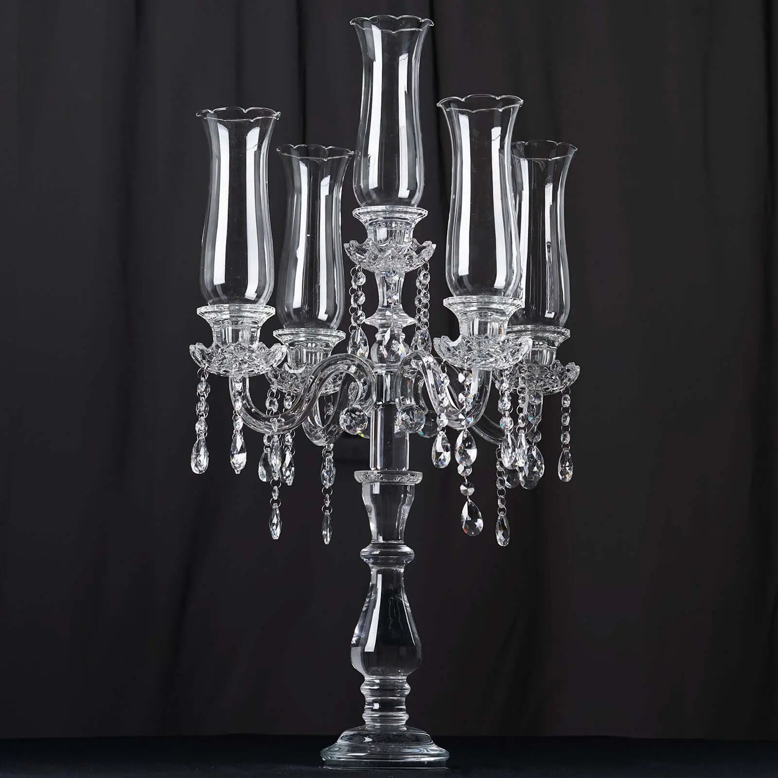 5-Arm Crystal Glass Taper Candle Holder Candelabra - 32" Stylish Table Centerpiece with Chandelier Chains, Wedding & Party Use Decor Candle Stand