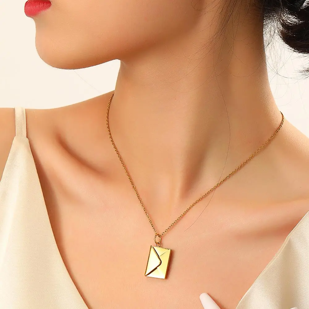 Envelope Necklace – Stainless Steel LOVE YOU Engraved Pendant, Adjustable Clavicle Chain, Simple Anniversary Gift for Her Gold Plated Amulet gifts girlfriend