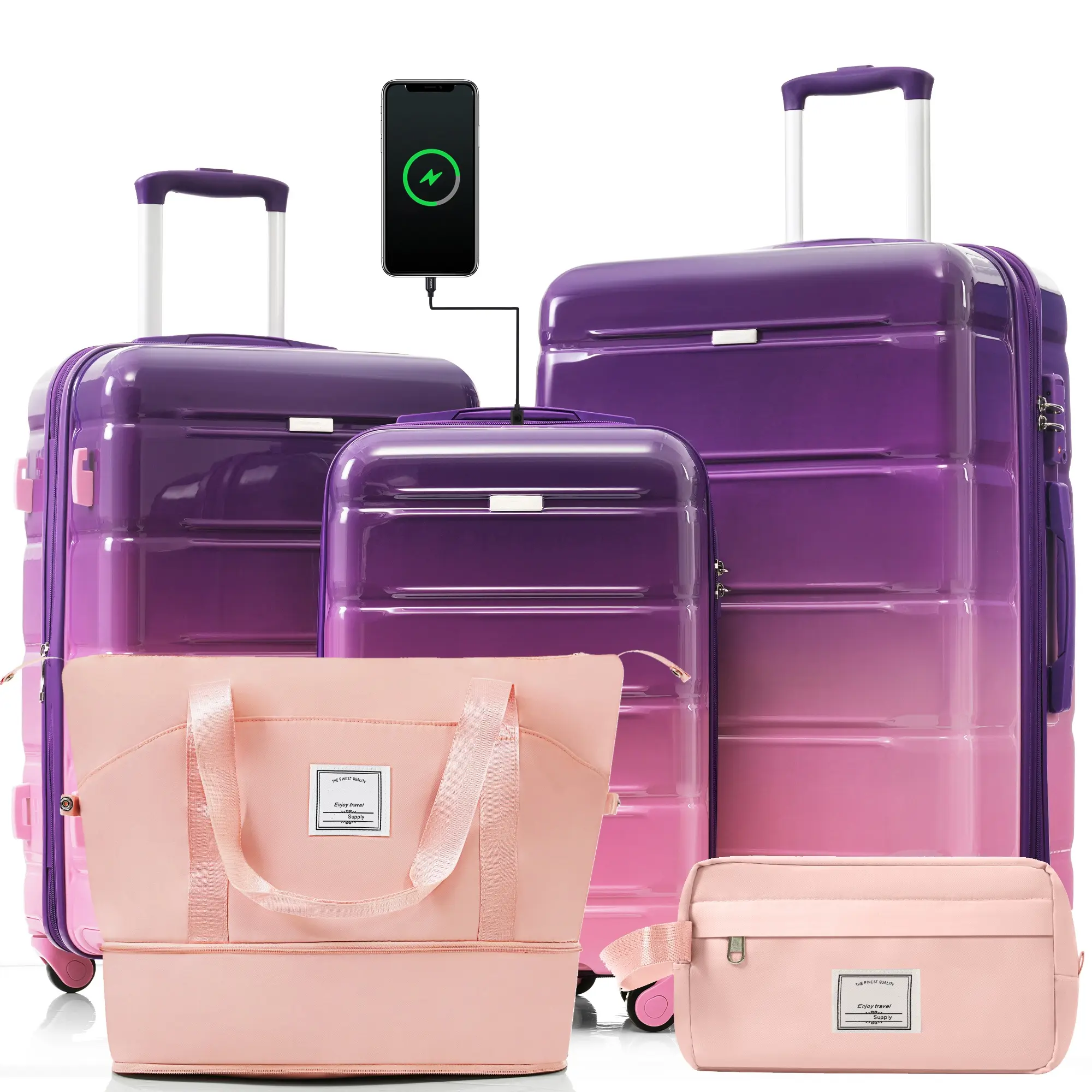 Luggage set of 5 pieces, 20 inches, with USB port, ABS durable luggage compartment, travel bag, ABS+PC hard shell luggage compartment, with rotating wheels, scratch resistant layer, corner reinforcement,Glides through airports