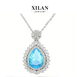 Blue Topaz Pendant Necklace with Teardrop Moissanite Inlay for Women Dainty Non Tarnish Elegant Wedding Jewelry Surprise Gift necklace dress drag queen blue jewelry