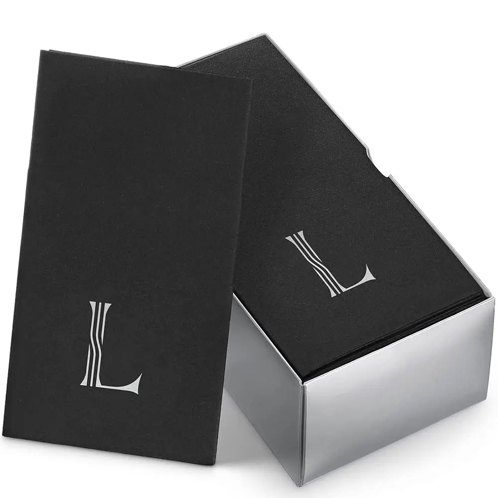 LinenFeel Monogrammed Napkins 50-Pack for Wedding, Bathroom, Party, Baby Shower - Black Paper with Silver Foil Letter M