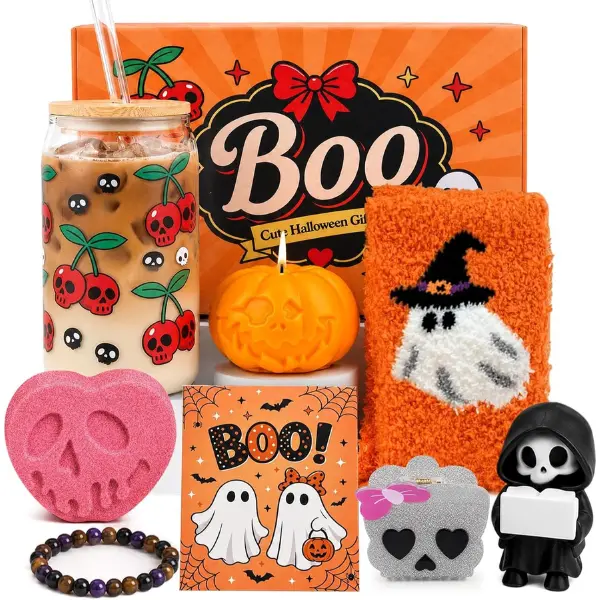 Halloween Fall Gift, 8-Piece Boo Basket Stuffers for Adults, Spooky Pumpkin Gift Set with 18oz Glass Cup, Lid & Straw, Cute Halloween Gifts for Women, Girls, Sister & Friends