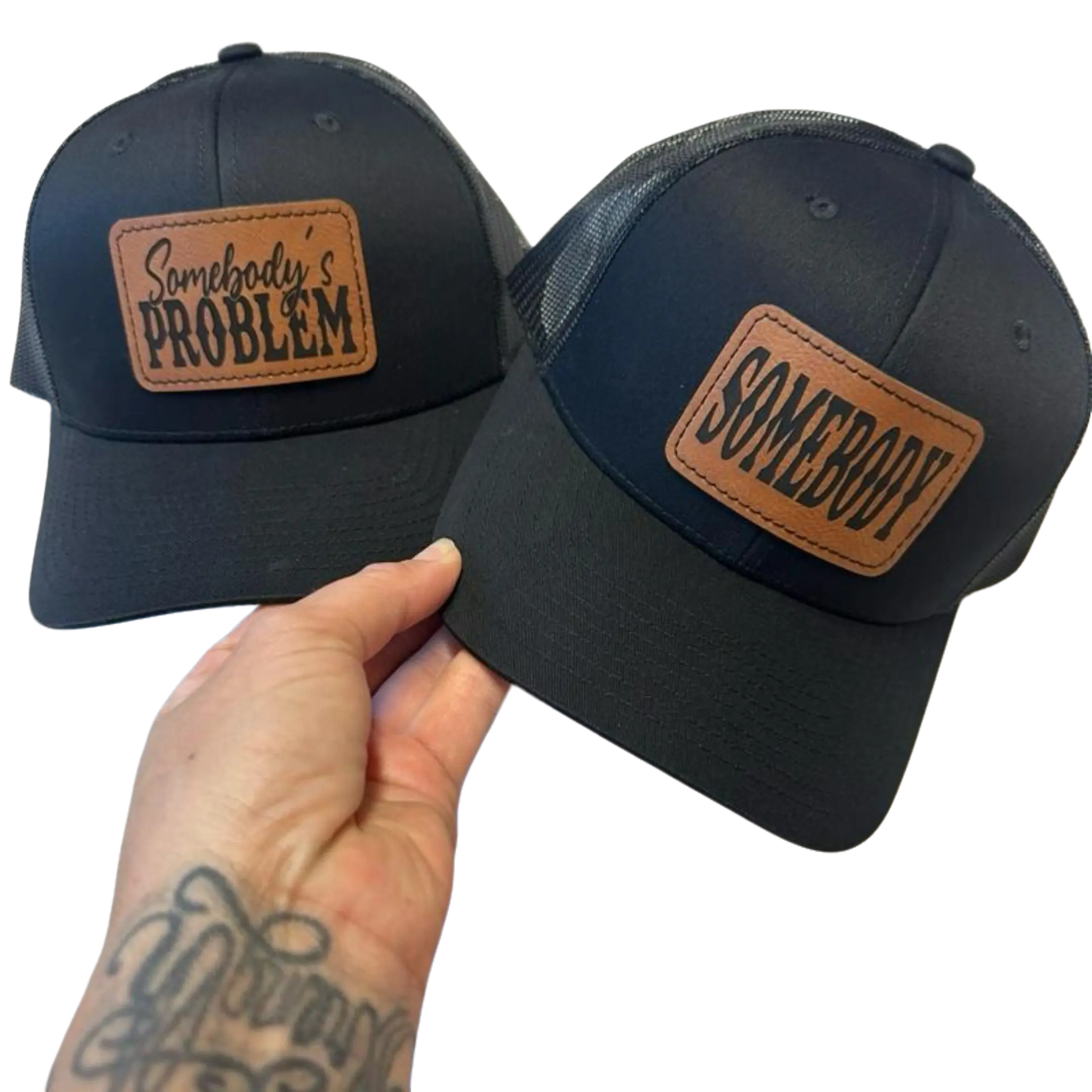Somebody's Problem Couples Matching Adjustable Snapback Hat Set - His & Her Unisex Funny Baseball Caps, Casual Trendy Summer Hats with Humorous Patch, Concealed Ponytail Design for Outdoor Use, Black