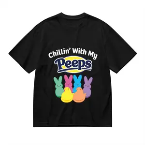 Women'S Plus Size Easter T-Shirt, "Chillin' with My Peeps" Bunny Graphic, Casual Crew Neck, Short Sleeve Tunic, Slight Stretch, All-Season Fabric Top