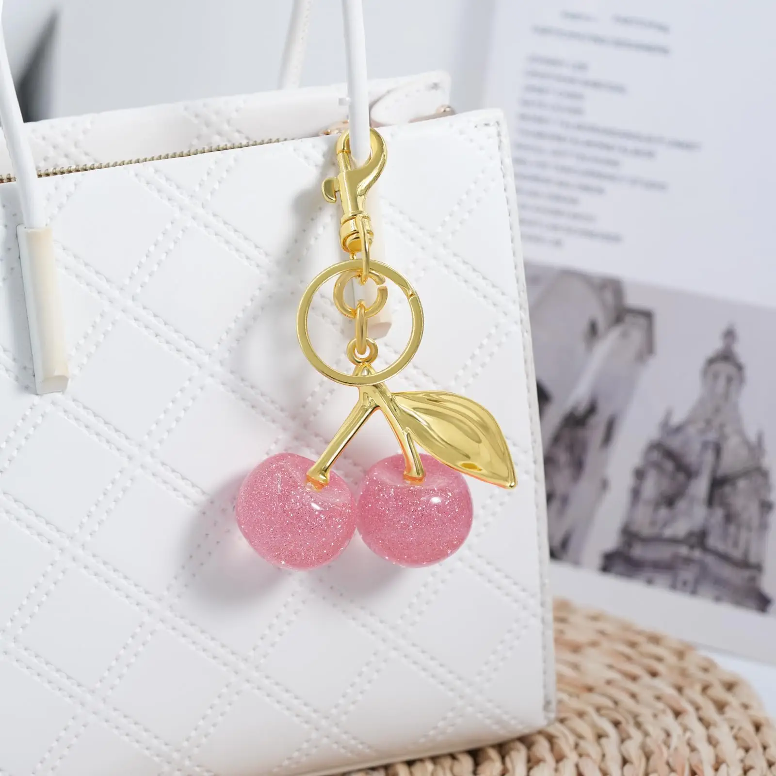 Cherry Keychain Bag Charm: Cute-Elegant Leather Keyring for Women Adorable Accessory for Purses Handbags Car Keys Ideal Romantic Gift for Anniversary
