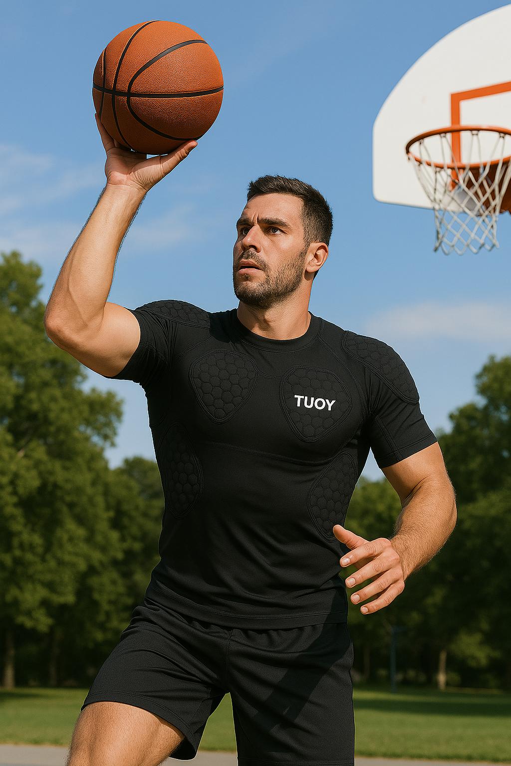 TUOY Men's Padded Compression Shirt Protective Shirt Rib Chest Protector for Football Paintball Baseball Padding Safety Athletic Apparel Athletic Top