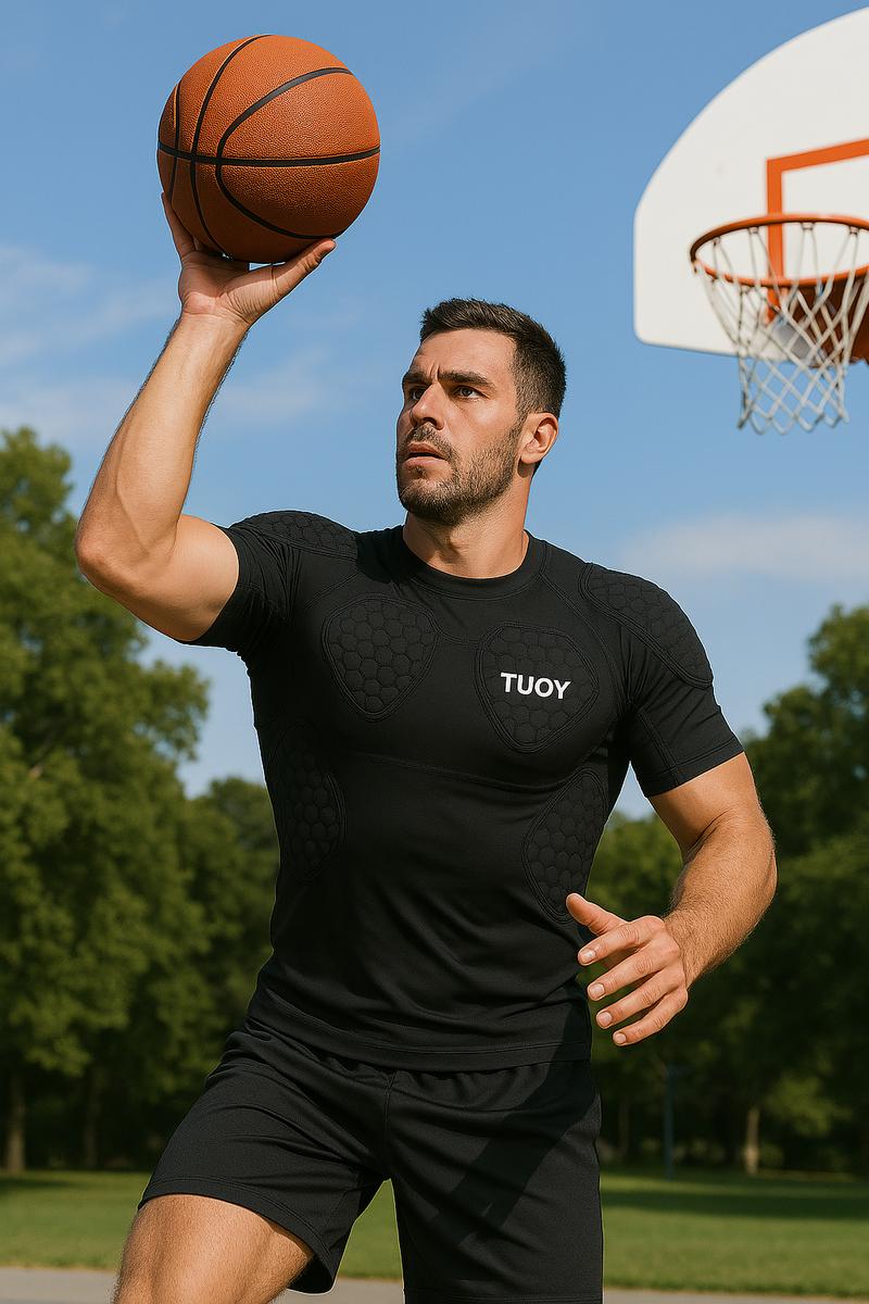 TUOY Men's Padded Compression Shirt Protective Shirt Rib Chest Protector for Football Paintball Baseball Padding Safety Athletic Apparel Athletic Top