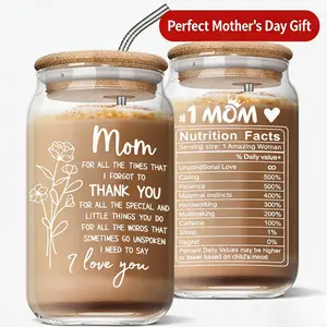 16oz Ice Coffee Glass Cup with Bamboo Lids & Straws - Perfect Mothers Day, Birthday Gift for Mom, Wife, Sister, Friends - Natural & Stylish Drinkware Tumblers