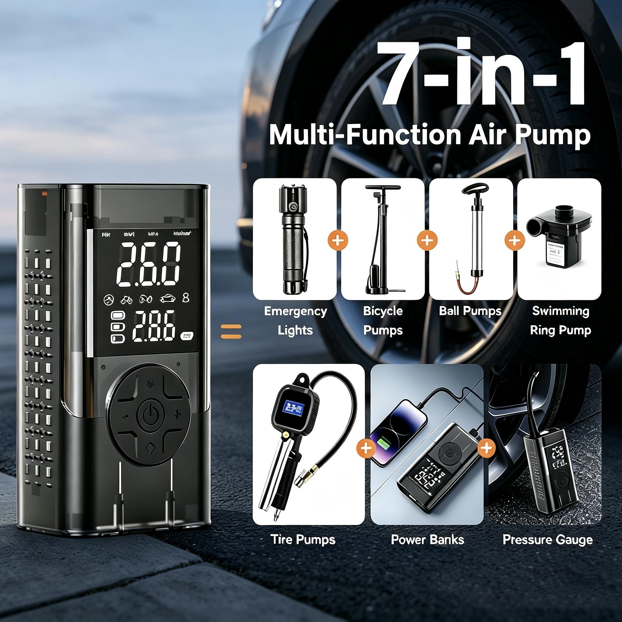 7-in-1 Wireless Tire Inflator - Tire Inflation Tool with Digital Dual Value Display, 150 PSI, 3-Mode Bright LED Flashlight, 2000mAh Power Bank, 8-Minute Ultra-Fast Speed, Cordless Battery-Powered for Roadside Help