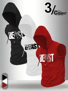 Men’s Funny Gym Sleeveless Hoodie Bundle, 3-Pack Stick Figure & Panda Lifting Workout Vests, Casual Street Style Tank Tops for Fitness Enthusiasts, Perfect for Gym & Daily Wear, Athletic Activewear