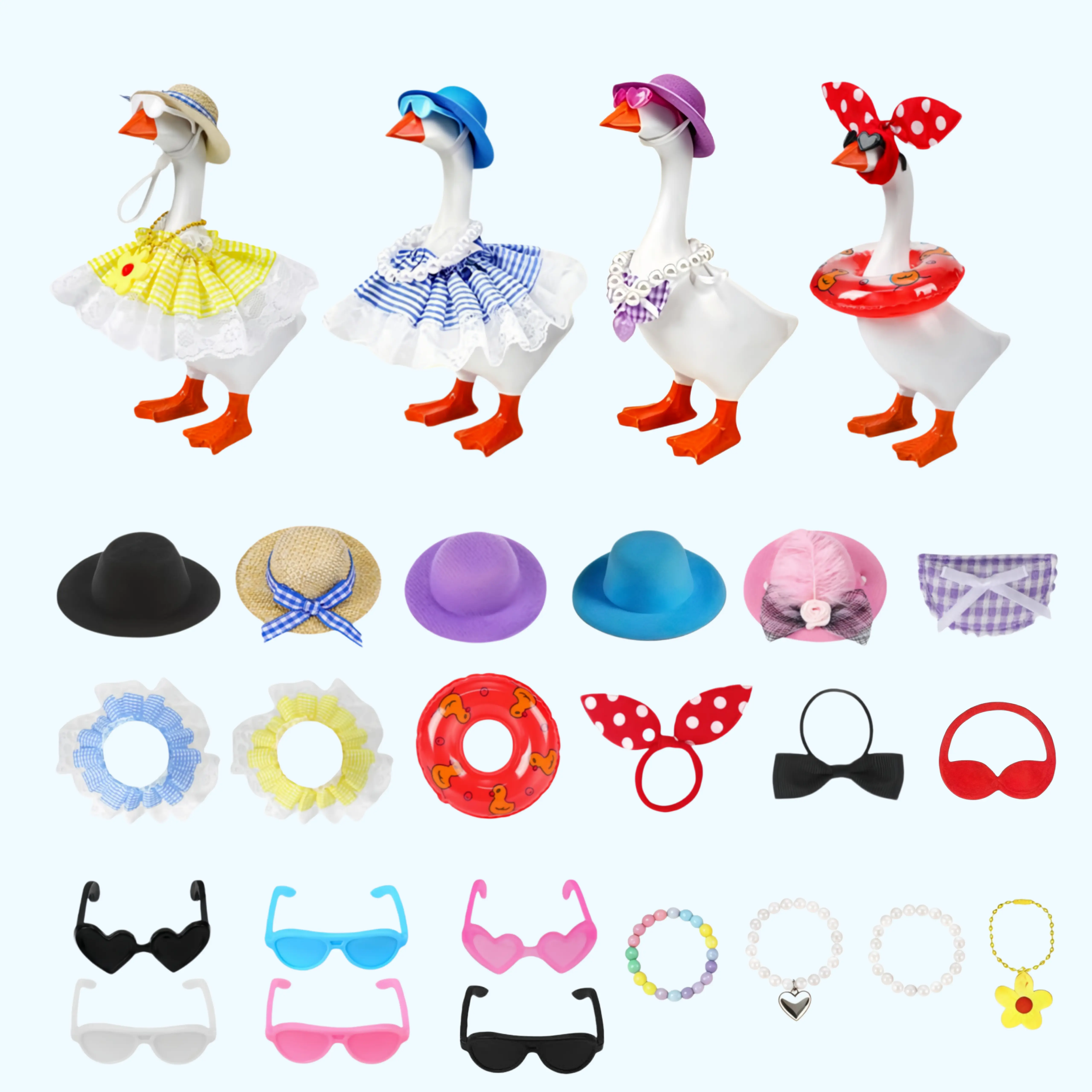 22pcs 7-Inch Mini Desk Goose Outfits Complete Set Including Adorable Felt Hat Necklace Dresses and Sunglasses for Magnetic Porch Geese Key Holder Decoration Gift