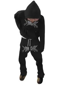 Fashion Hooded Mens Loose Pants Set Trendy Slight Stretch Fabric Letter Print Motorcycle Jacket US Street Style Comfortable Casual Clothing Men's Outfit Long Sleeve Black Biker Menswear Suits Gamis Motocross Streetwear