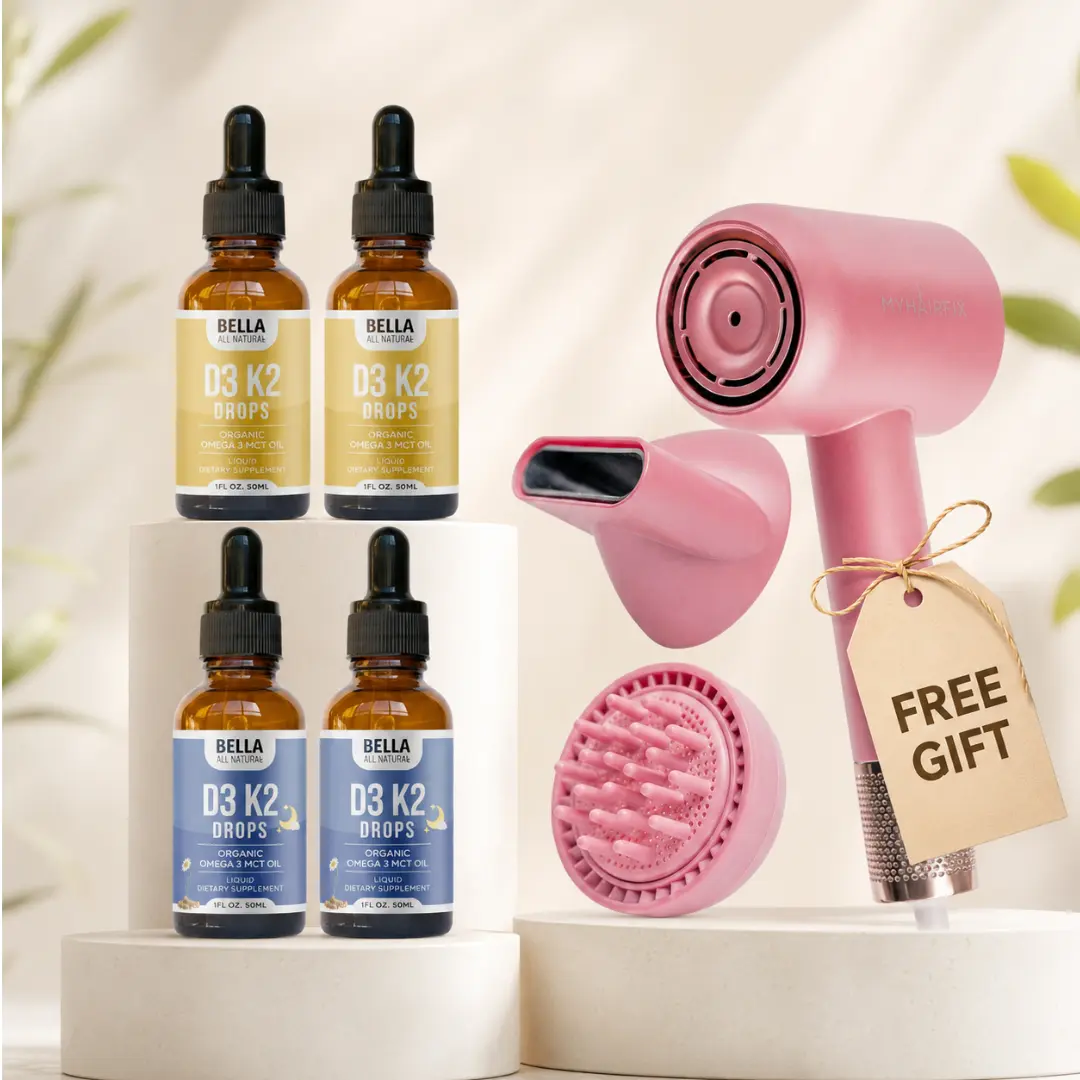 Bella All Natural Kit: D3 K2 Day & Night Drops 4-Pack + FREE MyHairFix Hair Dryer