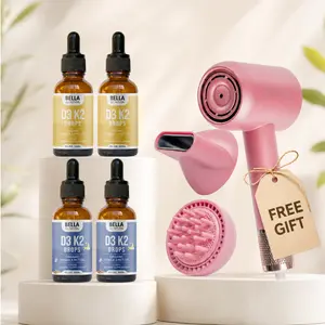 Bella All Natural Kit: D3 K2 Day & Night Drops 4-Pack + FREE MyHairFix Hair Dryer