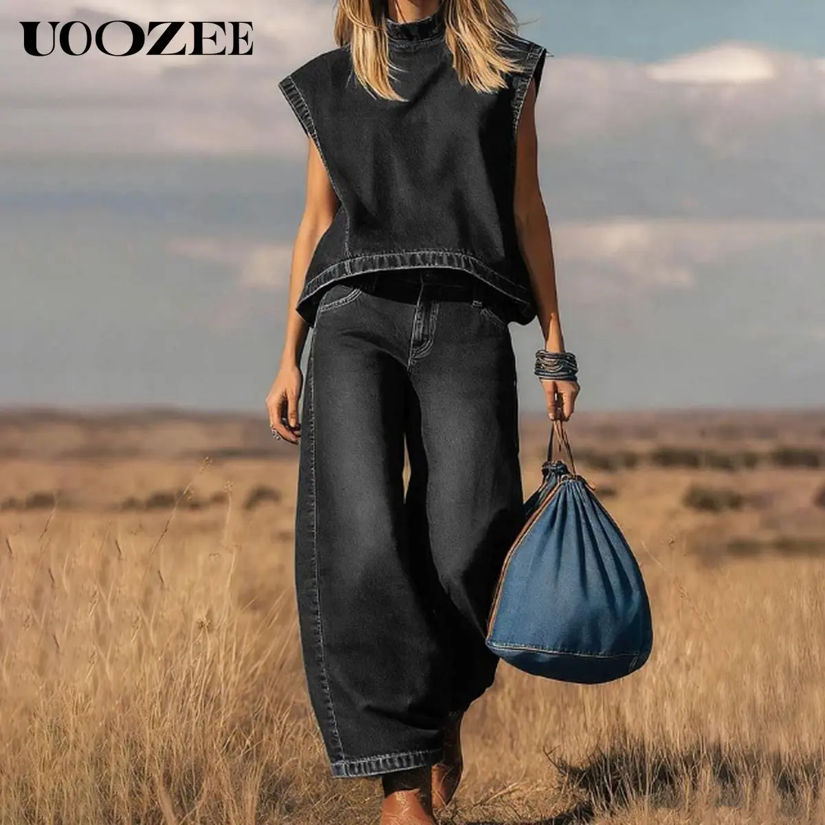 UOOZEE Women's 2-Piece Pants Set, Simple Vintage Denim Wash Outfit with a Mock Neck Cap Sleeve Crop Top and High-Waist Wide Leg Trousers, Strappy, Basic, Statement, Everyday, Two Piece Sets
