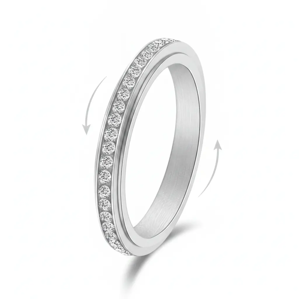Silver-Tone Steel Spinner Ring with Clear Faceted Accent Stones, Rotating Minimalist Band Ring for Women & Men, Modern Interactive Fashion Jewelry