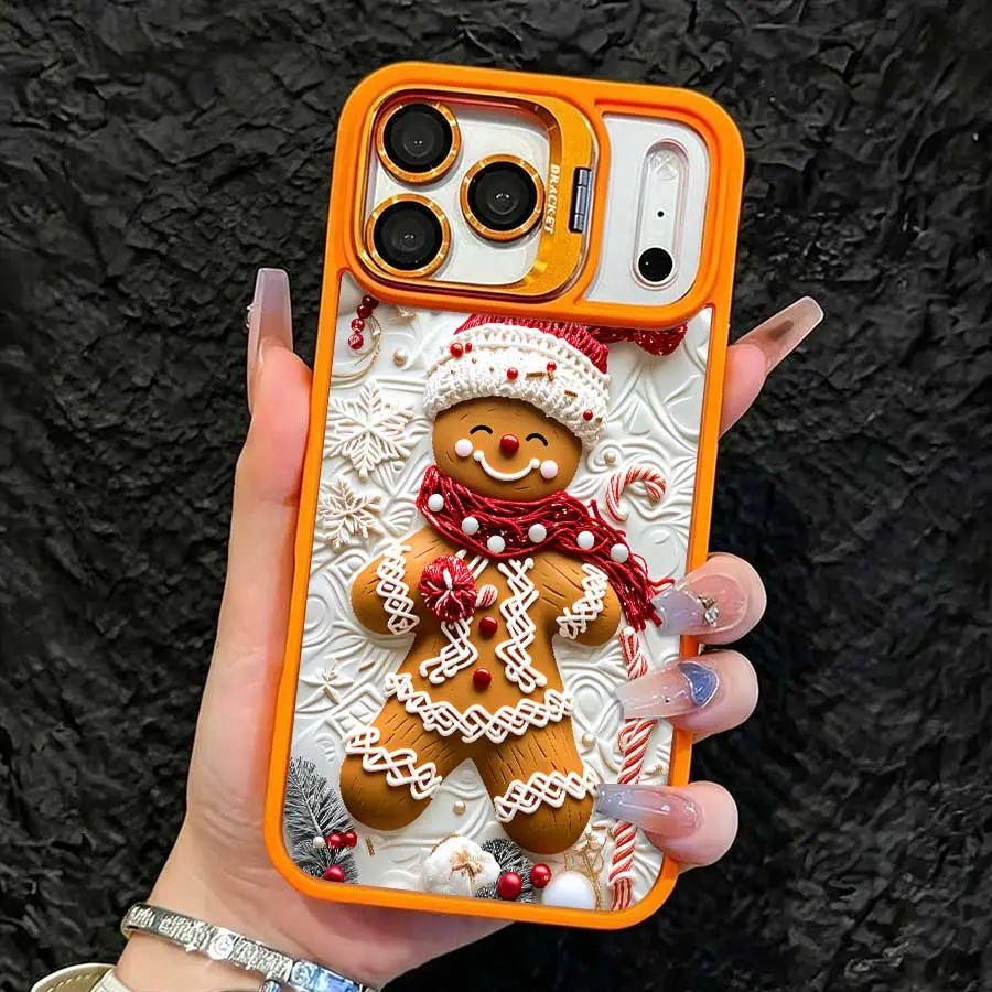 Transparent Back Shockproof Protect Cover for Multiple iPhones - Orange Lens Bracket, Gingerbread Man (Santa Hat & Scarf), Candy Cane & Snowflake Print, Versatile, Compatible with iPhone 17 Pro Max,16,16 Plus,15,14,13,12, Ideal Holiday Gift
