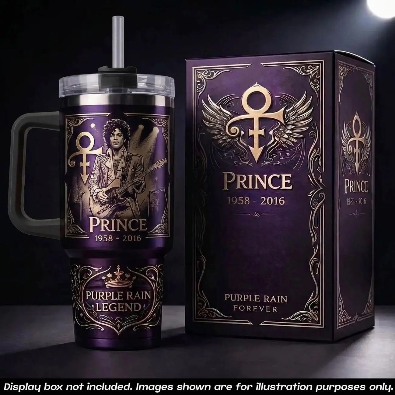 Prince 1958-2016 Tribute Insulated Tumbler - Limited Edition Purple Rain Legend Gold Engraved Reusable Travel Mug with Handle, Straw, Lid & Stylish Printed Design, Premium Stainless Steel Cup, Musician Fan Collectible Gift