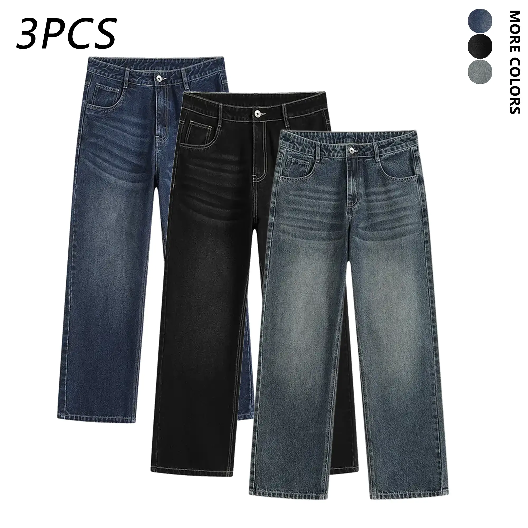 3-Pack Men’s Wide-Leg Loose Jeans Y2K Casual Fashion Loose Jeans for Work, Office, Streetwear