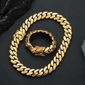 Miami Cuban Set 18K Gold Chain Necklace & Bracelet Kit 14mm with Hidden Magnetic Clasp Stealth Wealth Hip Hop Street Jewelry 7.5 - 30" Tarnish-Proof