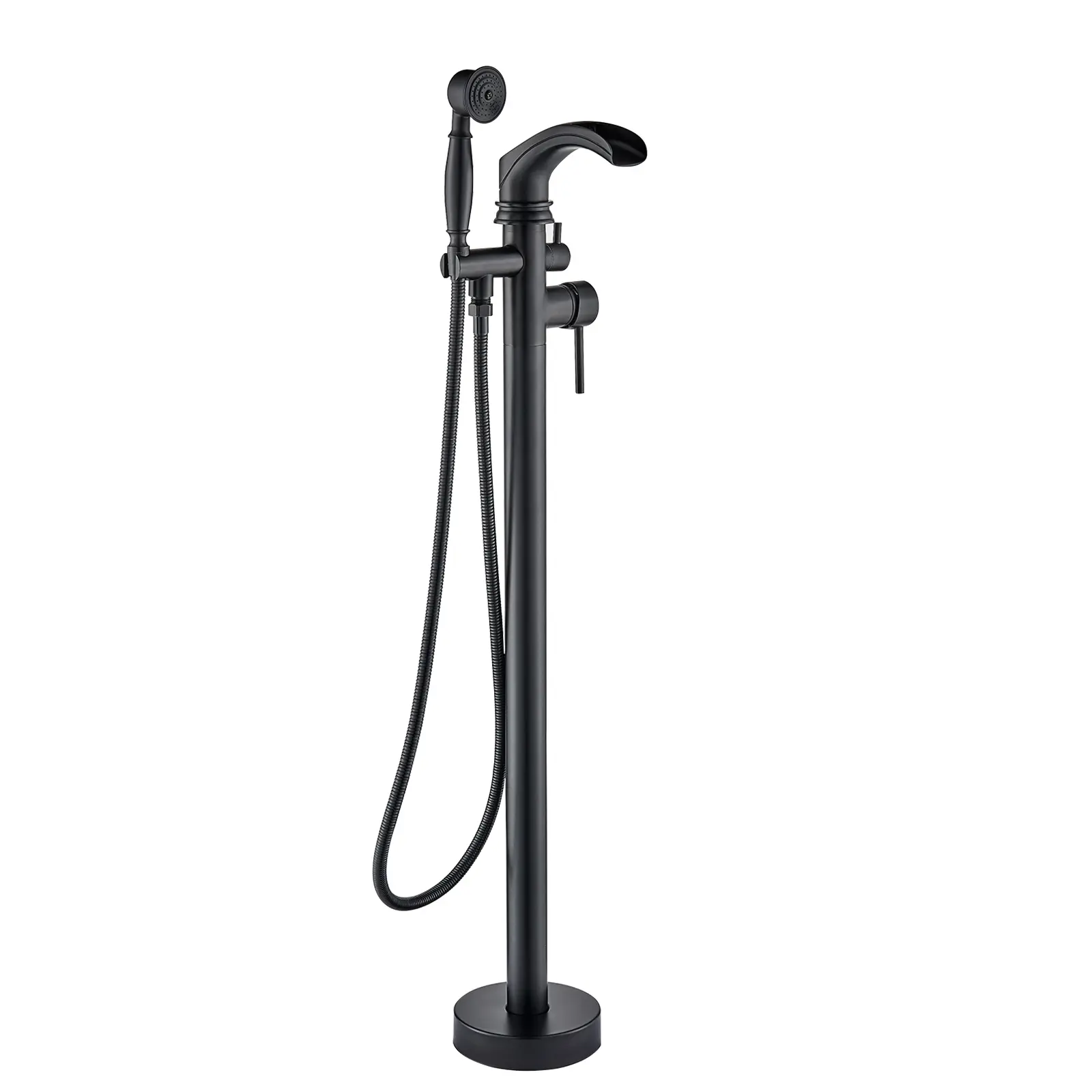 Modern Freestanding Waterfall Bathtub Filler, Black Floor-Mount Brass Single-Handle Bathroom Tap with Hand Shower for Bathing, Durable Metal Construction
