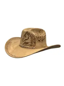 A&A UNISEX HATS, TEXANA QUEMADA 100% A MANO, ELABORADA POR LOS MEJORES ARTESANOS, MATERIAL DE GAMUZA, RESORTE EN LA PARTE DE LA CABEZA, HECHA EN MEXICO.