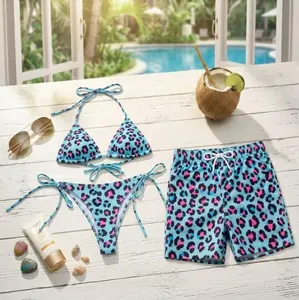 Summer 2026 Couple Beach Set, Blue Pink Leopard Print Bikini and Matching Hawaiian Shorts