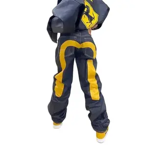 Jeans for women, Gothic retro streetwear, black work pants, retro Kpop printed wide leg denim pants, suitable for yellow and brown autumn bottoms, machine washable women's pants, casual love style, twisted