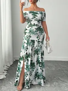 Plus Size One Shoulder Floral Printed Long Dress, Ruched Waist Slit Hem Flounce Skirt, Elegant Slim Fit Midi Dress for Women Womenswear