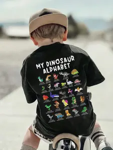 Boys' Black "My Dinosaur Alphabet" Graphic Tee, A-Z Dinosaur Species Print Apparel, Oversized Relaxed Fit Casual T-Shirt for 8-12 Years, Perfect for Dinosaur Parties, School Learning & Casual Outings, Popular Educational Dinosaur Merch