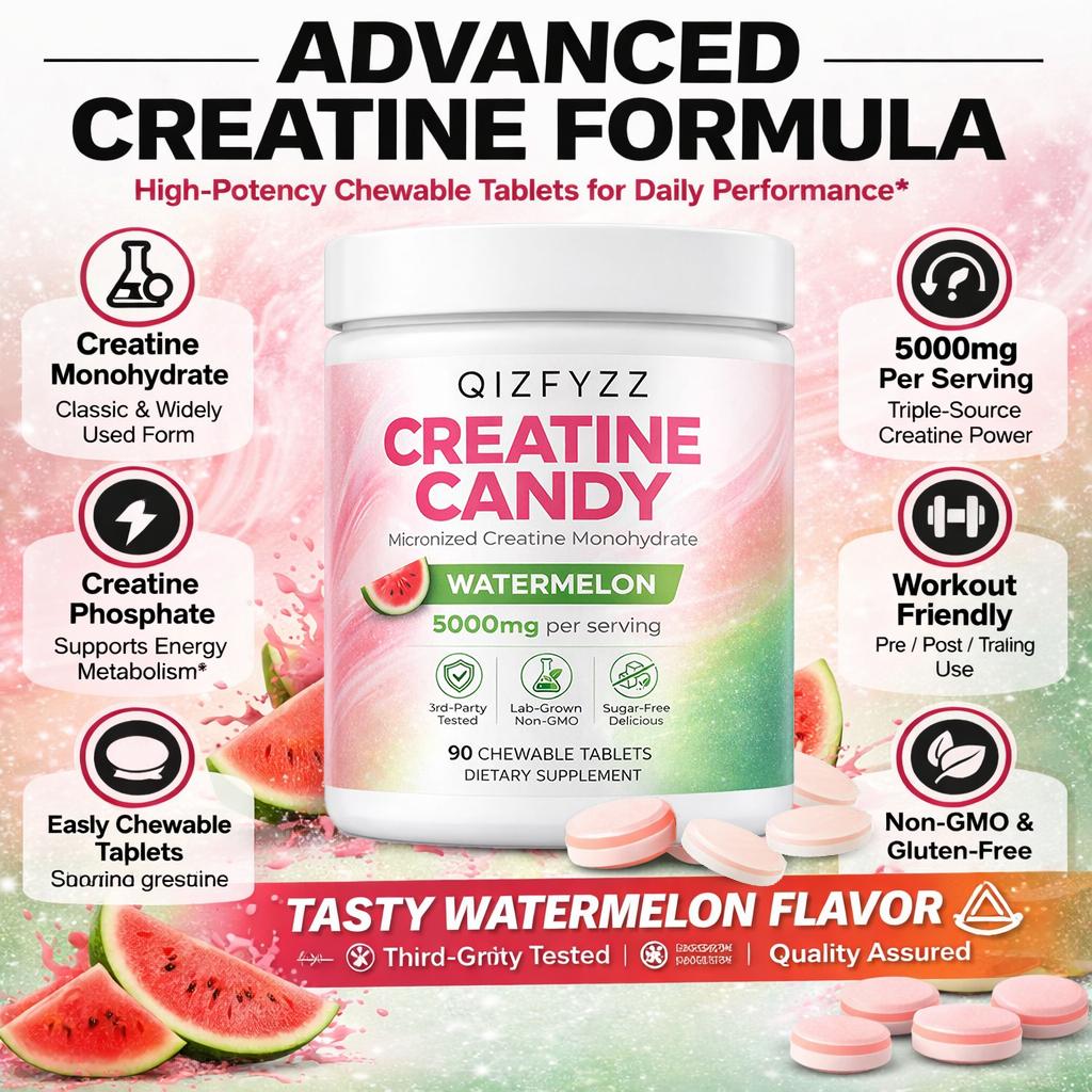 Creatine Chews 5000mg – Watermelon Flavor | Micronized Creatine Monohydrate, 90 Chewable Tablets | Sugar-Free, 3rd-Party Tested | Energy, Strength & Workout Performance | No Mixing Required