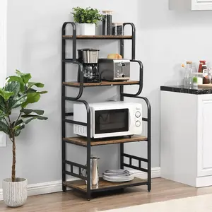 Metal 4-Tier Kitchen Bakers Rack with Storage Shelf, Standing Microwave Oven Stand Rack Spice Rack Organizer, Double-Purpose Rack for Wide Application,Residential, Vintage Brown