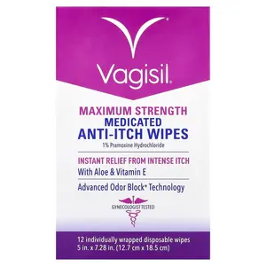 Vagisil Medicated Anti-Itch Wipes, Maximum Strength, 12 Individually Wrapped Disposable Wipes