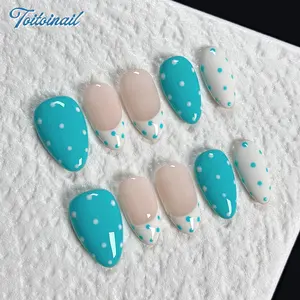Saltwater Dot Handmade Press-On Nails, Nail Art Supplies, Handmade Press Ons, Short Almond Shape, 10pcs, Tiffany Blue & Nude Polka Dot French Tip, Summer Minimalist Aesthetic, For Daily, Office, High Gloss, Reusable Handmade DIY Nail Art