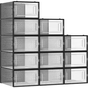 Shoe Boxes, Pack of 12 Shoe Storage Organizers, Stackable Clear Plastic Boxes for Closet, Sneakers, 9.1 x 13.1 x 5.6 Inches, Fit up to  Size 11, Transparent and Black ULSP006B12