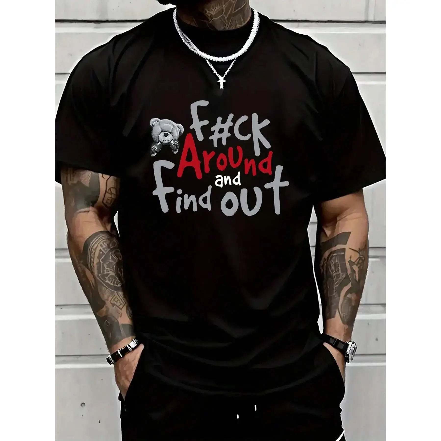 Women's Classic 100% Cotton Soft Short-Sleeve Round Neck Printed Tshirt - Black, Boxer Bear Graphic, "FK AROUND AND FIND OUT" Print, Machine Washable, All-Season Comfort Top