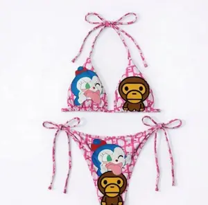Playful Pink Graphic Monkey Print Bikini
