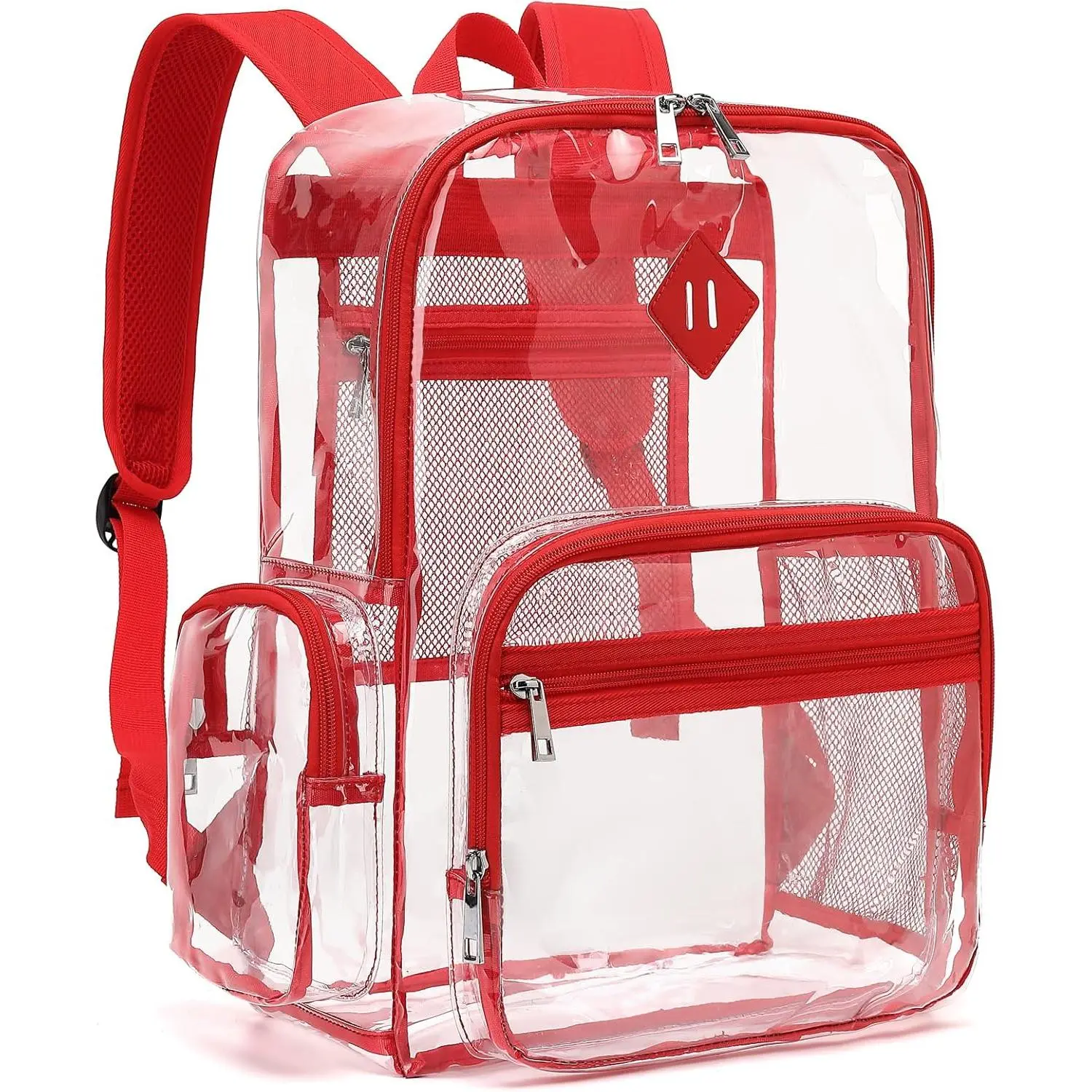 Heavy Duty Clear Backpack for Girls Boys Women Men, PVC Transparent School Backpacks See Through College Bookbag (Red)