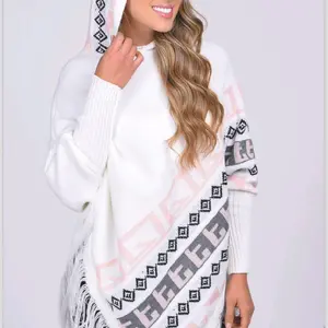 Colombian Poncho - White with Geometric Patterns and Fringes