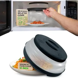 Magnetic Microwave Splatter Cover with High Power, Strongest Magnetic Grip, Collapsible 12-Inch BPA-Free Food Lid, Vented Plate Guard, Dishwasher Safe, Space-Saving Storage - Black