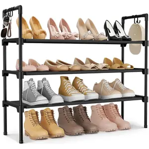 3 Tier Shoe Rack For Closet, Shoe Organizer With 5 Hooks, Long Shoe Shelf Storage For Sneaker,Boot Stackable Free Standing Shoe Rack For Entryway,Garage, Small Spaces, Dorm