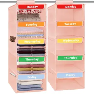 Kids Weekly Hanging Closet Organizer Rack, Foldable 5-Tier Storage Shelf, Monday-Friday Clothes Bags, Dorm Bedroom Essential, Fabric Storage Units