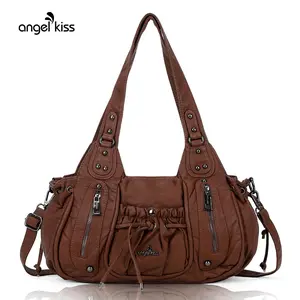 Angel Kiss Women's Crossbody Bag Multi-Pocket Soft Tote with Detachable Shoulder Strap Leather Handbag Autumn/Winter Brown