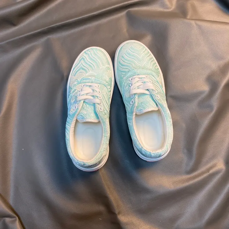 Unisex Mint Green Jacquard Canvas Platform Sneakers - Rubber, Basic, Round Toe, Rope Laces, Breathable, Ultra-Wide Sizes, 23 Vibe + 7 Lucky, Thick-Soled, Braided, Japanese Preppy, All-Day Casual Trainers for Walking, Athletic Footwear