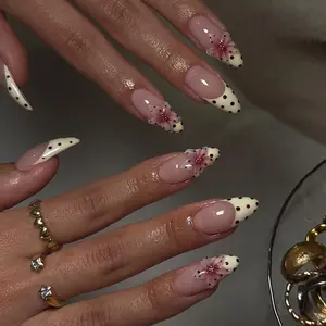 24pcs Almond Shape Polka Dot French Press on Nails, 3D Gel Petal Design, Acrylic False Nails Set, Summer Nail Art Kit