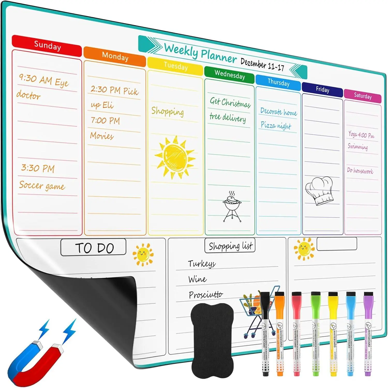 Weekly Dry Erase Board for Fridge,  Calendar Whiteboard Planner for Refrigerator with Stain Resistant Technology, Include 7 Fine Point Markers and 1 Eraser, 16"x12"