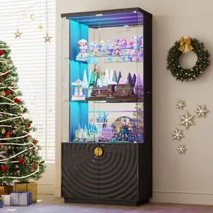 Dystler 71'' Display Cabinet with Glass Doors,4-Tier Curio Cabinet with 3-Color Lights for Collectibles,Lockable Glass Display Case with Human Body Sensor,Tall Bookcase w/Shelves&Drawers