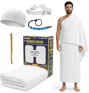 Men's Viscose from Bamboo + Cotton Ihram Set of 2 Towels for Hajj and Umrah - 5 Piece Combo Gift Set  Lightweight